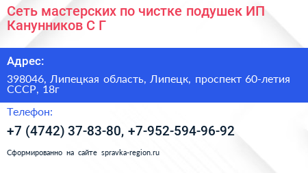 Сеть мастерских по чистке подушек ИП Канунников С Г  - визитка