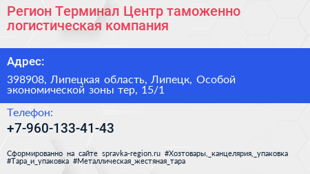 Регион Терминал Центр таможенно логистическая компания - визитка