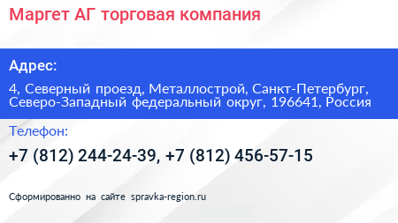 Маргет АГ торговая компания - визитка