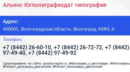 Альянс Югполиграфиздат типография - визитка