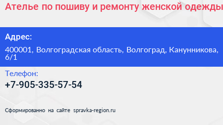 Ателье по пошиву и ремонту женской одежды - визитка
