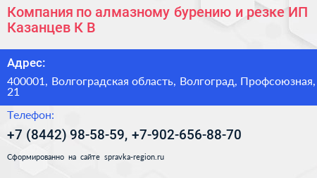 Компания по алмазному бурению и резке ИП Казанцев К В  - визитка