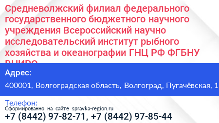 Средневолжский филиал федерального государственного бюджетного научного учреждения Всероссийский научно исследовательский институт рыбного хозяйства и океанографии ГНЦ РФ ФГБНУ ВНИРО  - визитка