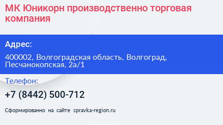 МК Юникорн производственно торговая компания - визитка