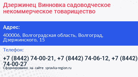 Дзержинец Винновка садоводческое некоммерческое товарищество - визитка