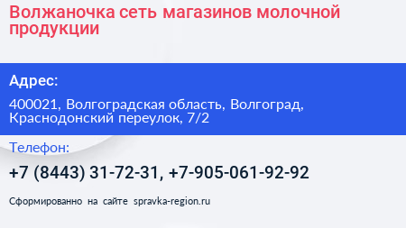 Волжаночка сеть магазинов молочной продукции - визитка