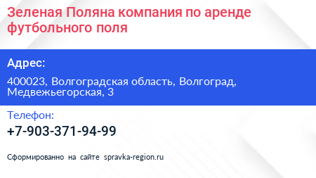 Зеленая Поляна компания по аренде футбольного поля - визитка