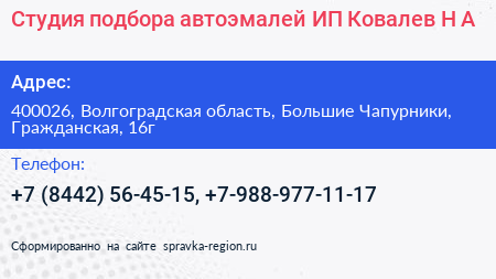 Студия подбора автоэмалей ИП Ковалев Н А  - визитка
