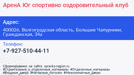 АренА Юг спортивно оздоровительный клуб - визитка