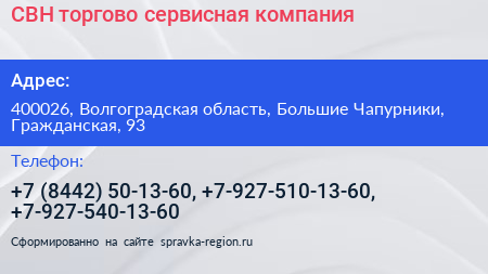 СВН торгово сервисная компания - визитка