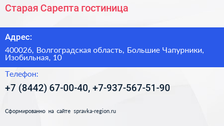 Старая Сарепта гостиница - визитка