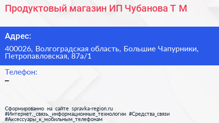 Продуктовый магазин ИП Чубанова Т М  - визитка