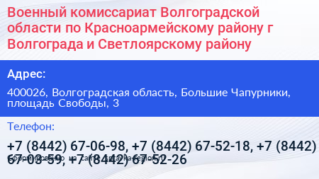 Военный комиссариат Волгоградской области по Красноармейскому району г Волгограда и Светлоярскому району - визитка