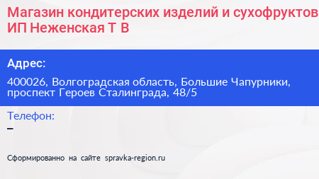 Магазин кондитерских изделий и сухофруктов ИП Неженская Т В  - визитка
