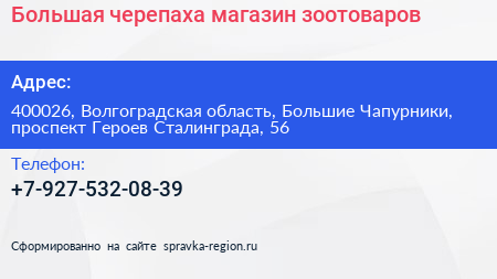 Большая черепаха магазин зоотоваров - визитка