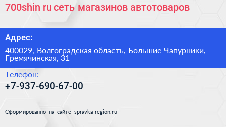 700shin ru сеть магазинов автотоваров - визитка