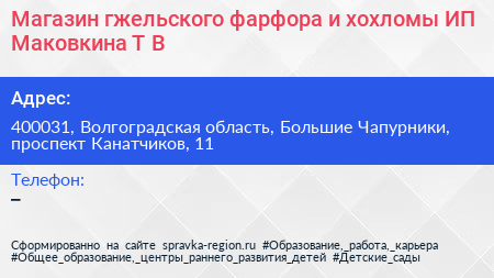 Магазин гжельского фарфора и хохломы ИП Маковкина Т В  - визитка