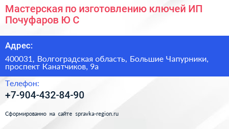 Мастерская по изготовлению ключей ИП Почуфаров Ю С  - визитка