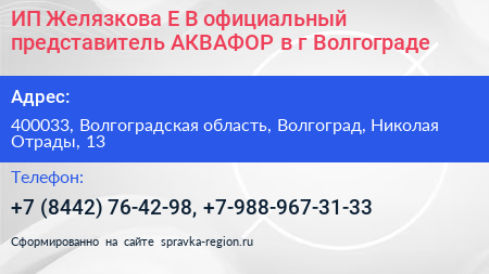 ИП Желязкова Е В официальный представитель АКВАФОР в г Волгограде - визитка