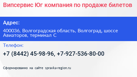 Випсервис Юг компания по продаже билетов - визитка