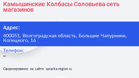Камышинские Колбасы Соловьева сеть магазинов - визитка