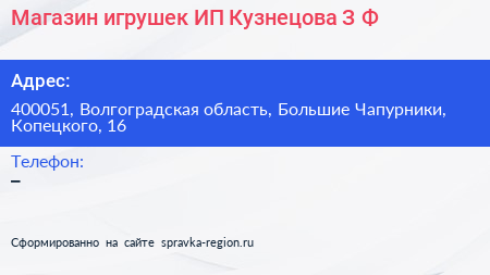 Магазин игрушек ИП Кузнецова З Ф  - визитка