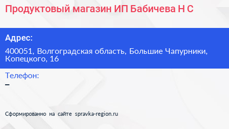 Продуктовый магазин ИП Бабичева Н С  - визитка