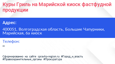 Куры Гриль на Марийской киоск фастфудной продукции - визитка