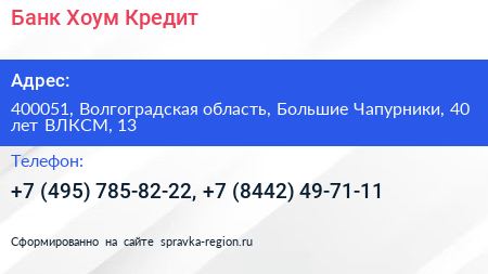 Банк Хоум Кредит - визитка
