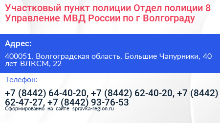 Участковый пункт полиции Отдел полиции 8 Управление МВД России по г Волгограду - визитка