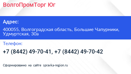 ВолгоПромТорг Юг - визитка
