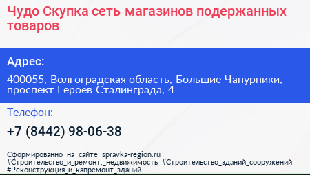 Чудо Скупка сеть магазинов подержанных товаров - визитка