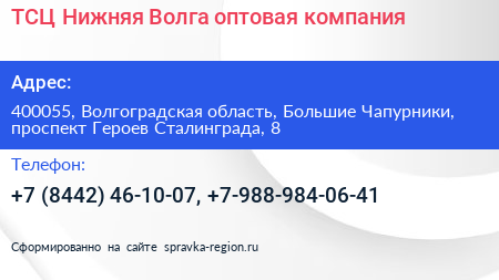 ТСЦ Нижняя Волга оптовая компания - визитка