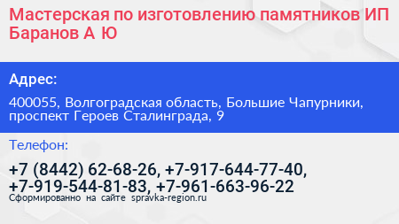 Мастерская по изготовлению памятников ИП Баранов А Ю  - визитка