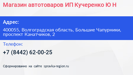 Магазин автотоваров ИП Кучеренко Ю Н  - визитка