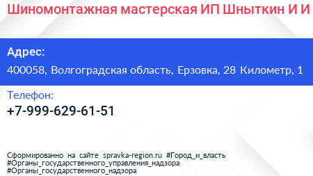 Шиномонтажная мастерская ИП Шныткин И И  - визитка