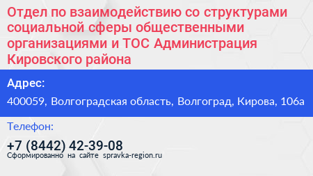 Отдел по взаимодействию со структурами социальной сферы общественными организациями и ТОС Администрация Кировского района - визитка