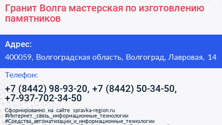 Гранит Волга мастерская по изготовлению памятников - визитка