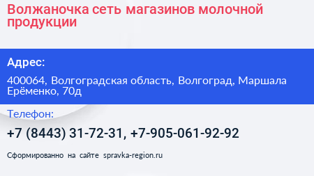 Волжаночка сеть магазинов молочной продукции - визитка