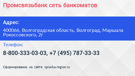 Промсвязьбанк сеть банкоматов - визитка