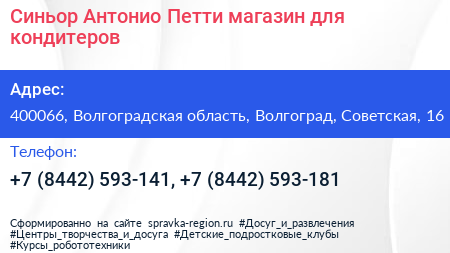 Синьор Антонио Петти магазин для кондитеров - визитка
