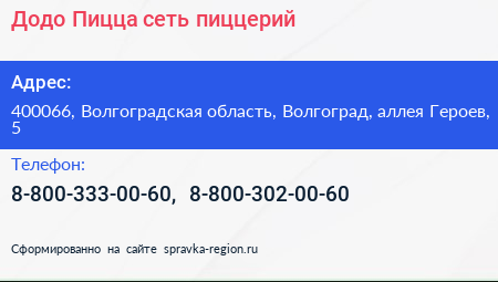 Додо Пицца сеть пиццерий - визитка
