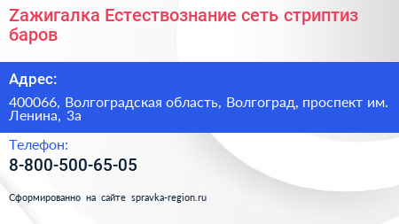 Zажигалка Естествознание сеть стриптиз баров - визитка