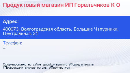 Продуктовый магазин ИП Горельчиков К О  - визитка