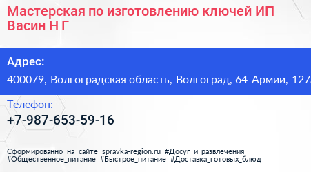 Мастерская по изготовлению ключей ИП Васин Н Г  - визитка