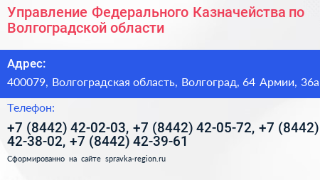 Управление Федерального Казначейства по Волгоградской области - визитка