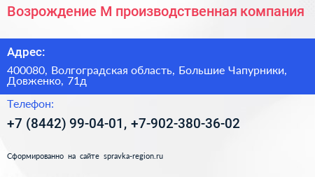 Возрождение М производственная компания - визитка