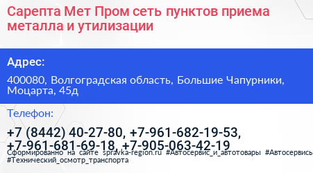 Сарепта Мет Пром сеть пунктов приема металла и утилизации - визитка