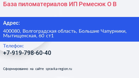 База пиломатериалов ИП Ремесюк О В  - визитка