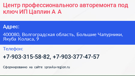 Центр профессионального авторемонта под ключ ИП Цаплин А А  - визитка